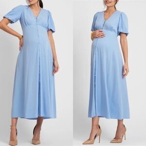 Seraphine puff sleeve button up blue maternity midi dress size 4